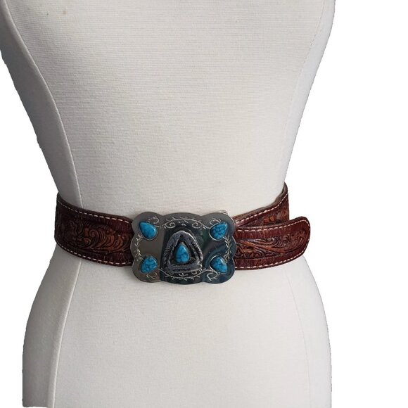 Tony Lama Western Rodeo Tooled Leather Belt Silver Turquoise Buckle main image 12